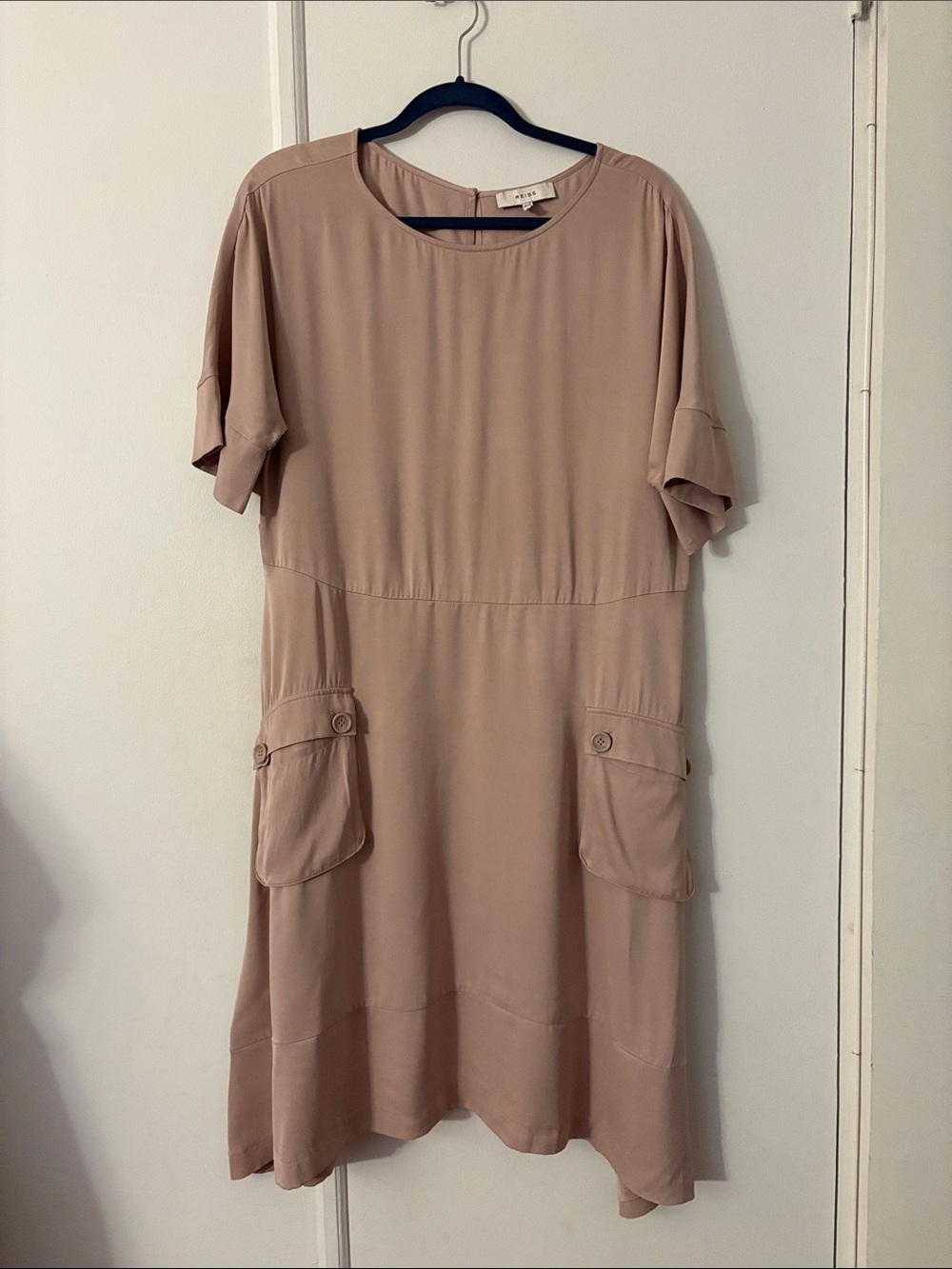 Reiss Neutral Taupe Midi Dress with Front Pockets and Belt
